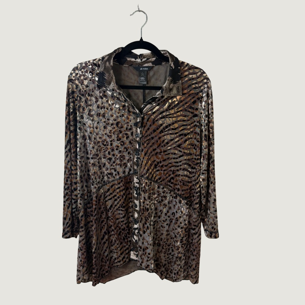 Ali Miles Mixed Animal Print Patchwork Tunic Top Brown Gold Size L Artsy Boho